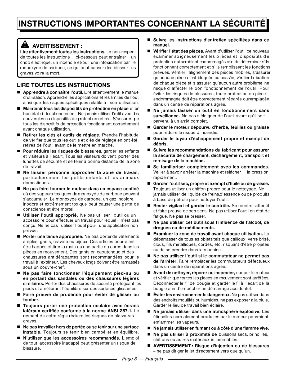 Homelite UT80911, UT80709 Instructions Importantes Concernant La Sécurité, Avertissement , Lire Toutes Les Instructions 
